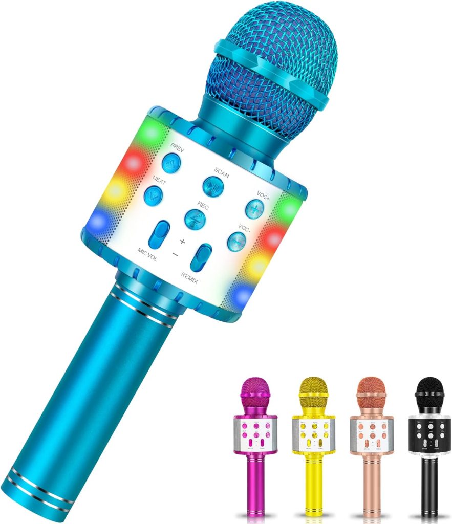 Winique Karaoke Microphone for Kids with Bluetooth  LED Lights - 5 in 1 Fun Toys Home KTV Birthday Party Player - Christmas Stocking Stuffers for Girls, Boys, and Teens(Blue)