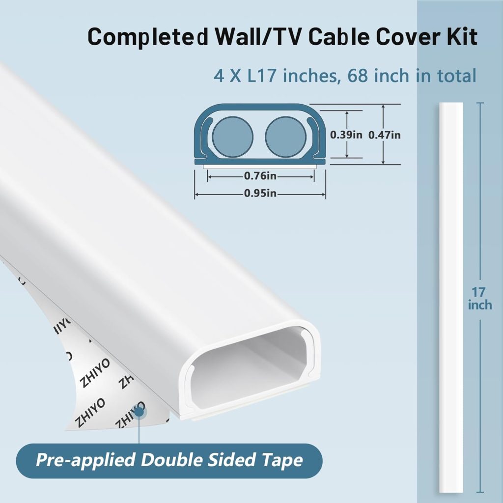 Wire Covers for 2 Cords, 68in Wire Hider On Wall Mounted, Grey Cord Cover Kit, Cable Cover Paintable, Cable Concealer for Extension Cord, Ethernet Cable, Speaker Wire Hider, 4X L17in W0.7in H0.4in