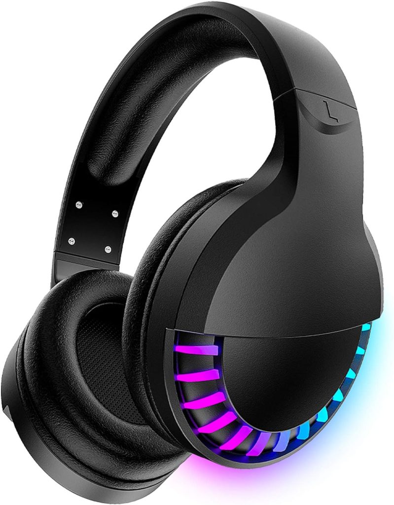 Wireless Bluetooth Headphone with Noise Cancellation HiFi Stereo Sound Mic Deep Bass Protein Earpad Rainbow RGB Backlight Rechageable Over Ear Headset for PC Mac Game Travel Class Home Office(Black)
