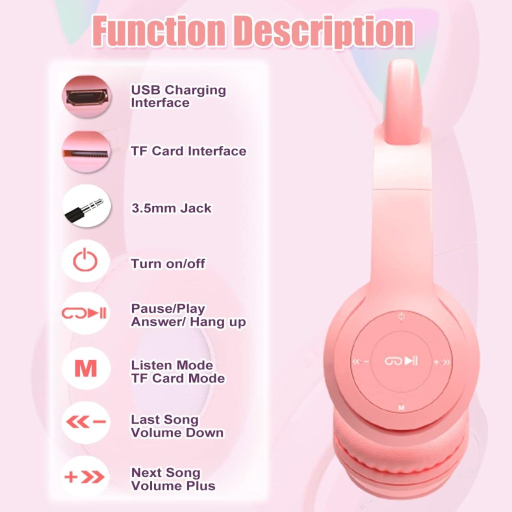 Wireless Cat Ear Headphone, Kids Headphones with MicLED Light Up Cat, 85dB Safe Volume Limited, Foldable Kitty Headpones for Online Learning, School, Travel, Tablet, Smartphone - Support 3.5mm Audio