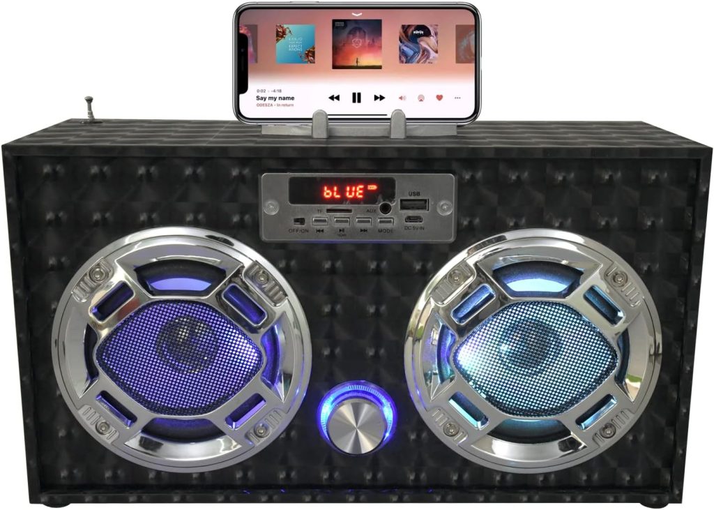 Wireless Express - Mini Boombox with LED Speakers – Retro Bluetooth Speaker w/Enhanced FM Radio - Perfect for Home and Outdoor (Black)