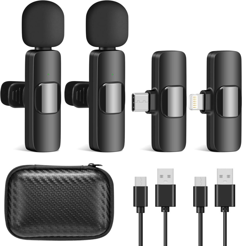 Wireless Microphone for iPhone iPad Android, (2 Mics  2 Receivers) Plug-Play Wireless Lavalier Microphone for Video Recording, Auto-Sync Clip On Lapel Mic for YouTube/Facebook/TikTok/Interview/Vlog
