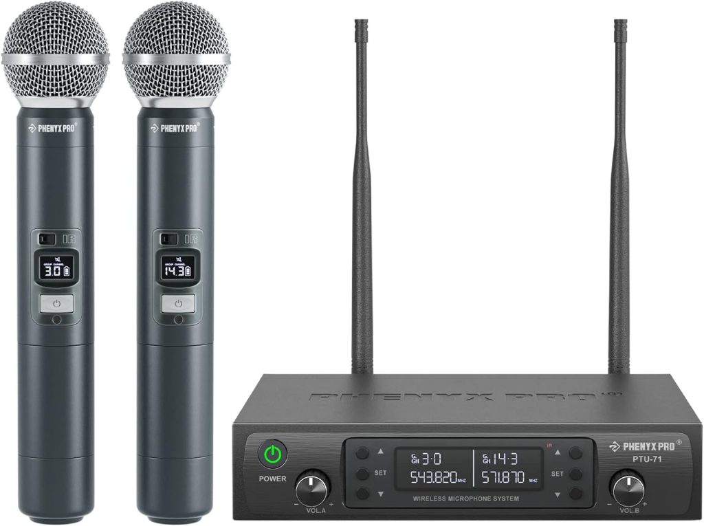 Wireless Microphone System, Phenyx Pro Dual Wireless Mics, w/ 2 Handheld Dynamic Microphones, 2x100 Adjustable UHF Channels, Auto Scan, 328ft Range, Microphone for Singing, Karaoke, Church (PTU-71-2H)