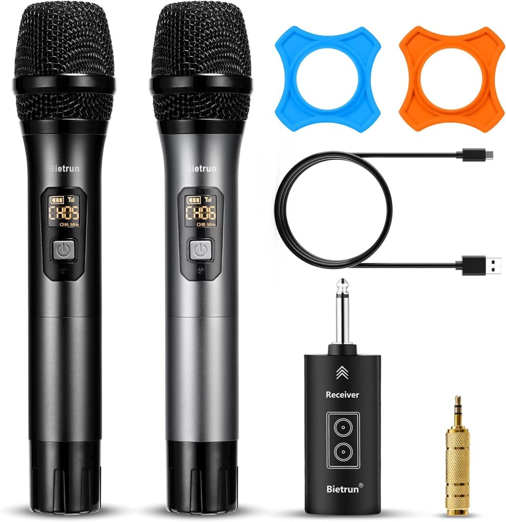 Wireless Microphone with Bluetooth, Professional UHF Dual Handheld Dynamic Metal Mic System Set with Rechargeable Receiver, 160 ft Range, 1/4Output, for Karaoke Machine, Singing, Amp, PA Speaker