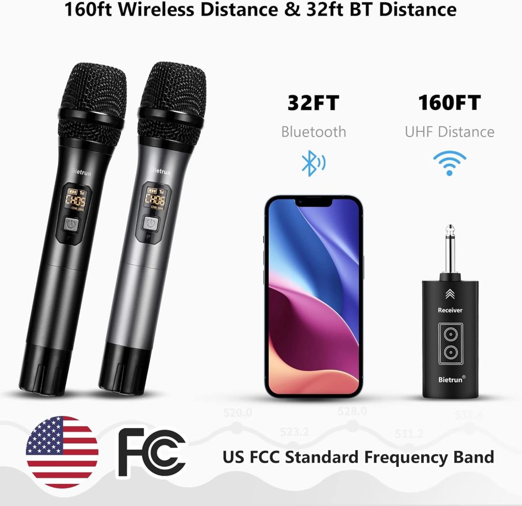 Wireless Microphone with Bluetooth, Professional UHF Dual Handheld Dynamic Metal Mic System Set with Rechargeable Receiver, 160 ft Range, 1/4Output, for Karaoke Machine, Singing, Amp, PA Speaker