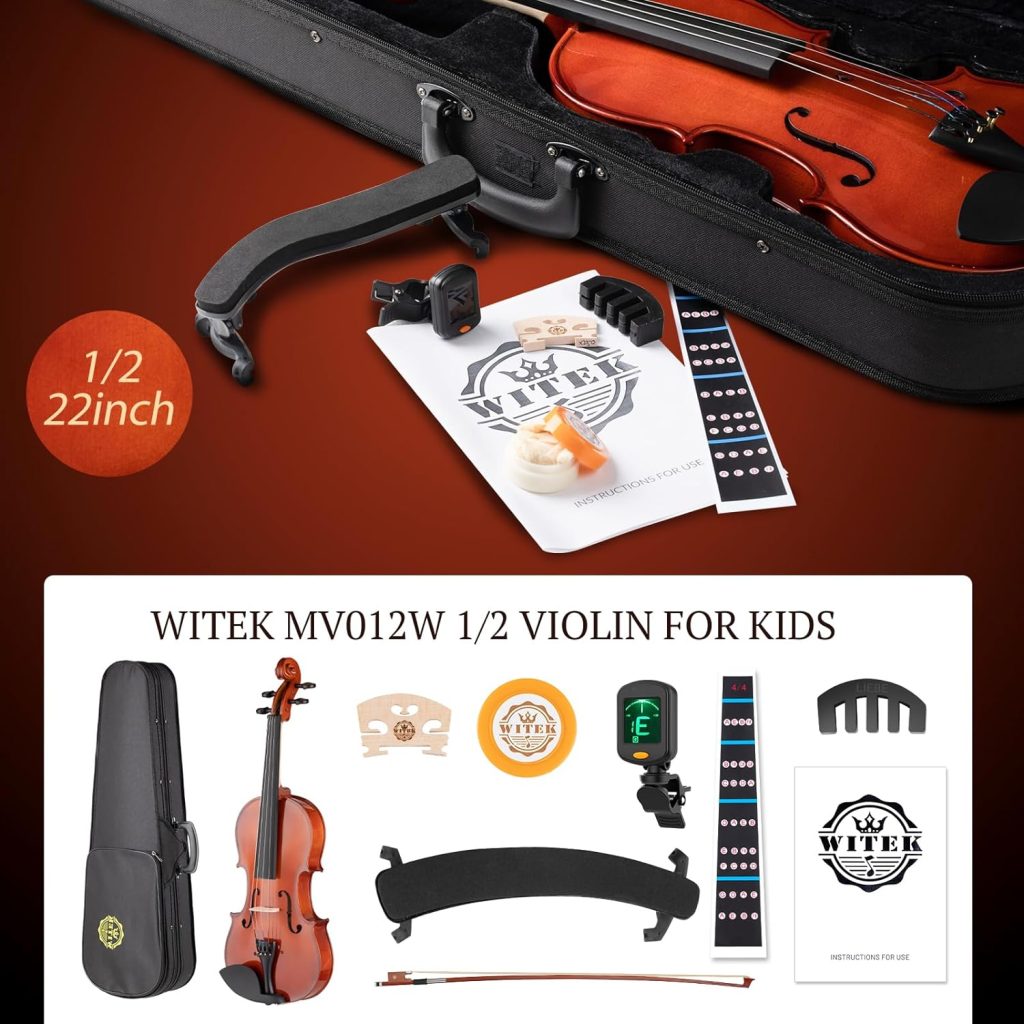 WITEK 1/2 Violin for Beginners, Kids Violin Beginner Half Size Fiddle with Handcrafted Violin w/Hard Case, Violin Bow, Violin Bridge, Rosin, Shoulder Rest, Tuner, Mute, Fingerboard and Manual