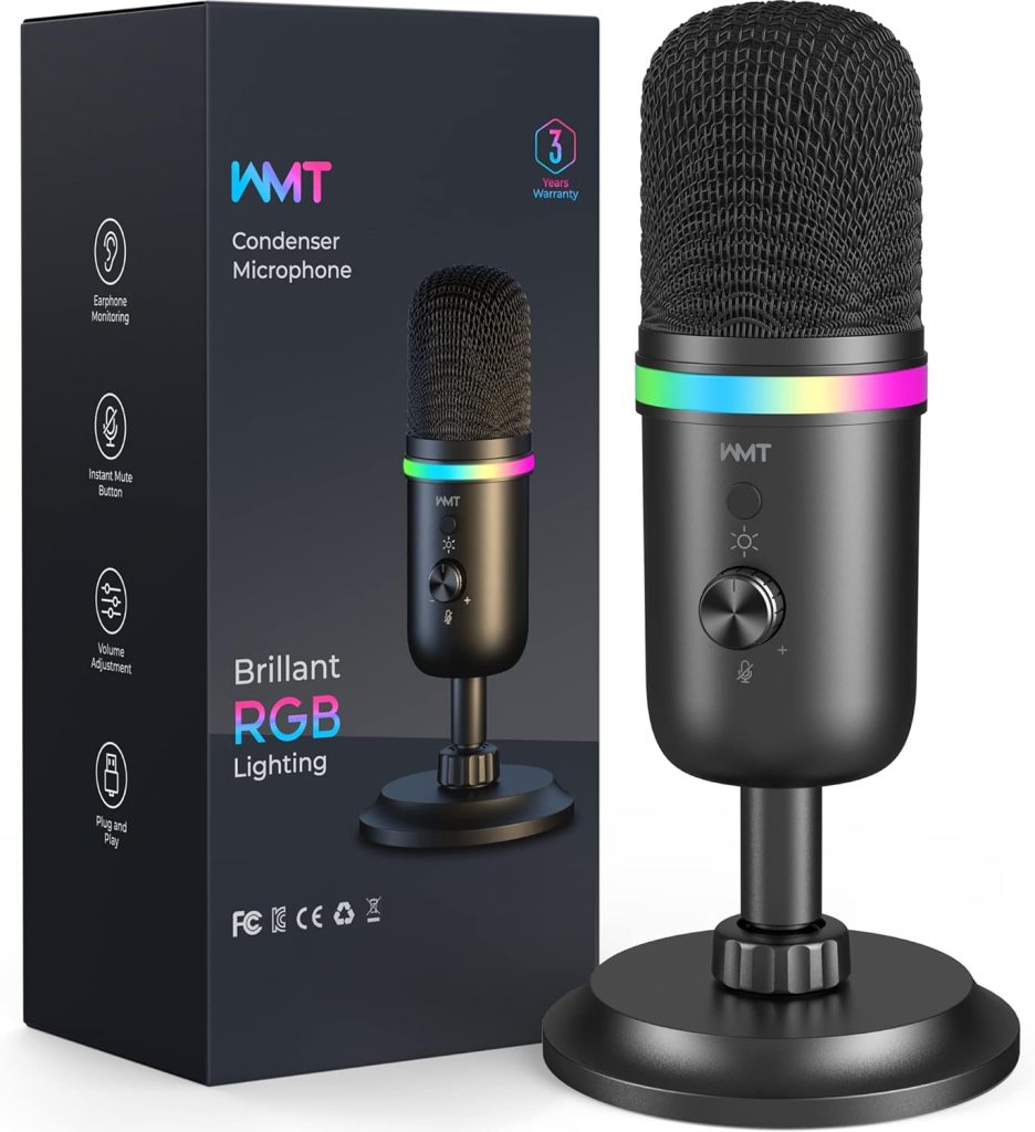 WMT USB Microphone - Condenser Gaming Microphone for PC/MAC/PS4/PS5/Phone- Cardioid Mic with Brilliant RGB Lighting Headphone Output Volume Control, Mute Button, for Streaming Podcast YouTube Discord