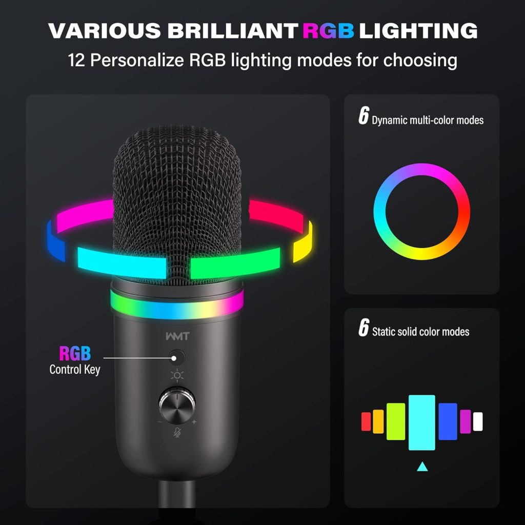 WMT USB Microphone - Condenser Gaming Microphone for PC/MAC/PS4/PS5/Phone- Cardioid Mic with Brilliant RGB Lighting Headphone Output Volume Control, Mute Button, for Streaming Podcast YouTube Discord