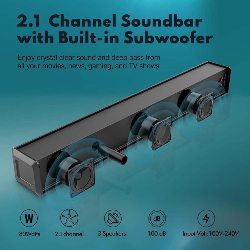 wogree 2.1ch Soundbar with Built-in Subwoofer, 80W 24 Inch Compact Small Sound Bars for TVs, Home Audio TV Speakers Support Bluetooth, HDMI-ARC, Optical, AUX, Line-in, and USB Input