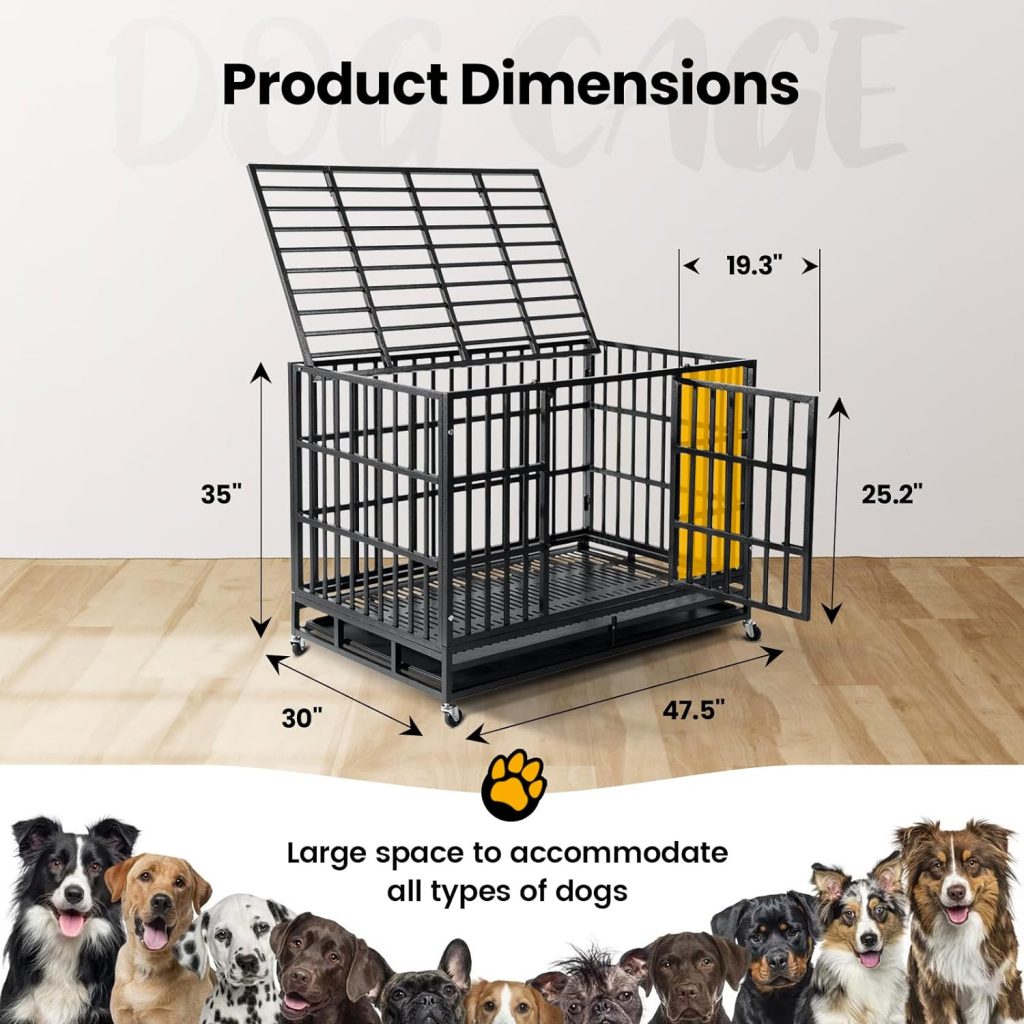 WOKEEN Heavy Duty Indestructible Dog Crate,48 inch XXL Dog Crate,Escape Proof Dog Crate for High Anxiety DogsLarge Dogs/Thick Flat Tube/Upgrade Tray/Sturdy Locks Design/Double Door with Wheels