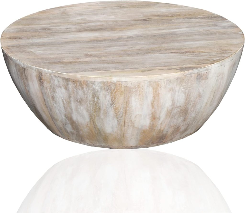 Wooden Coffee Table Living Room Barrel Shape Cocktail Table Wood Distressed White Wash Color Round Shape, Hand Made Beautifully Home Décor Table 35 inch