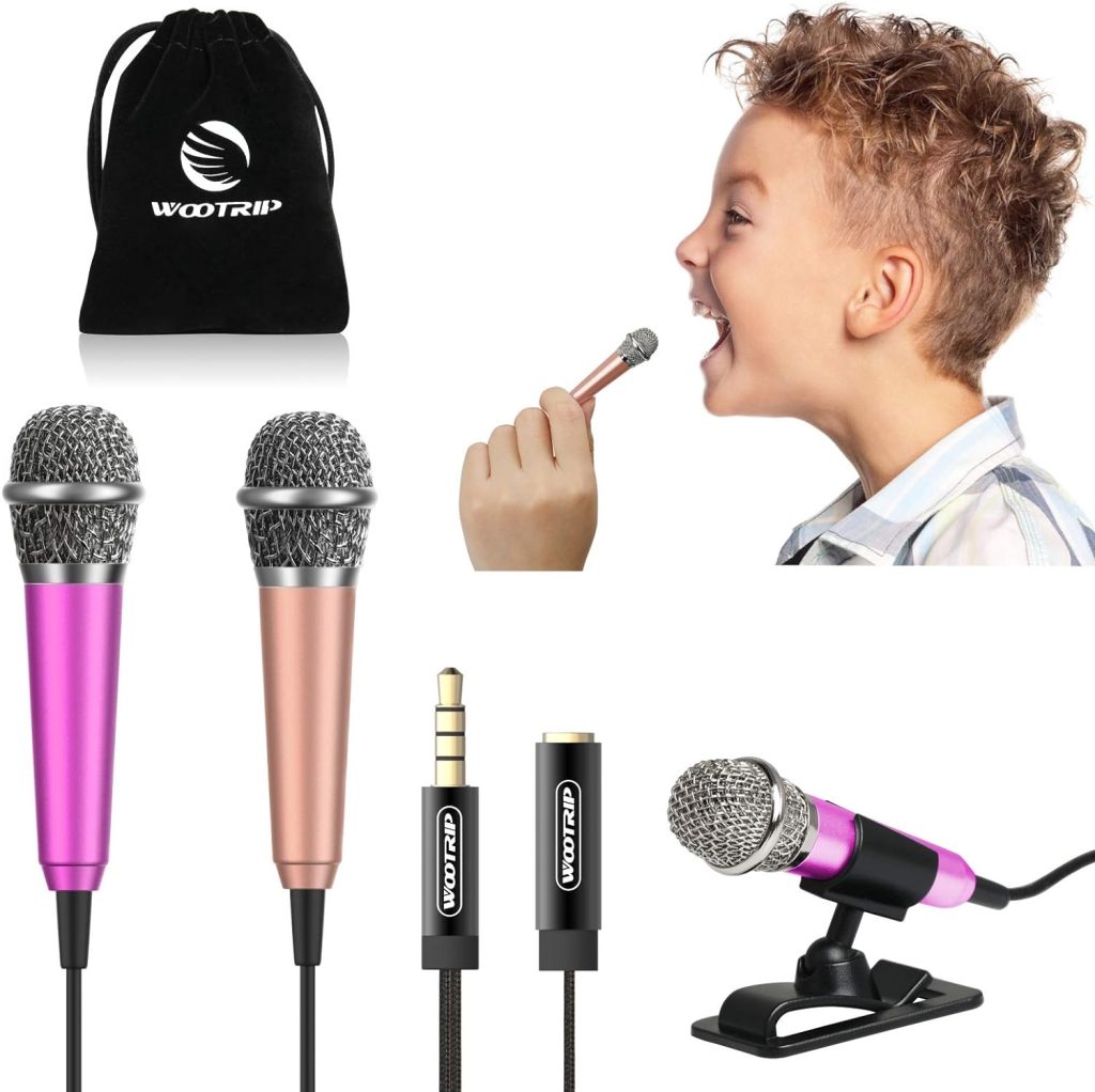 Wootrip [2PCS] Mini Microphone, Mini Karaoke Vocal and Recording Microphone Portable for iPhone ipad Laptop Android-Tiny Microphone Ideal for Kids (Rose Red and Gold)