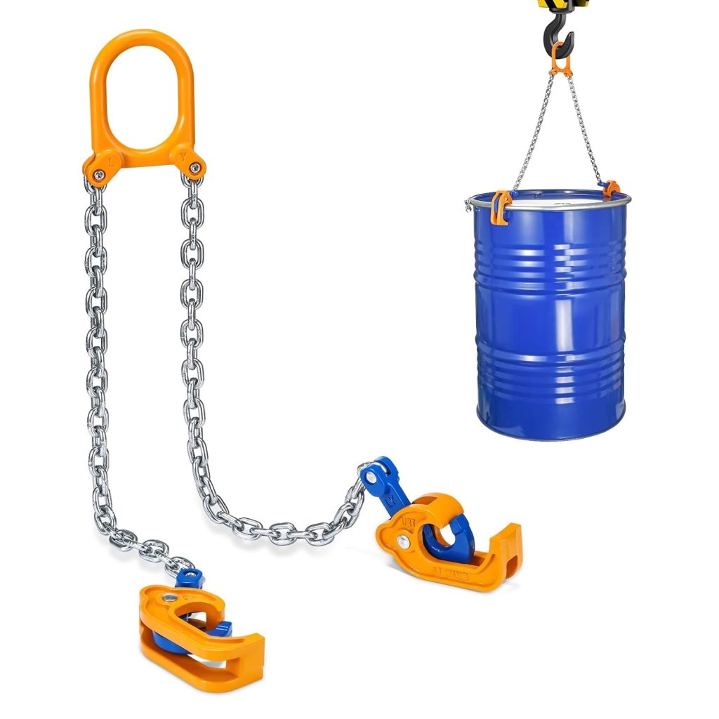 WowDIY Chain Drum Lifter - 2000 lbs Capacity - Upgraded Carbon Steel Hook with Built-in Spring Suitable for 55 Gallon Plastic and Metal Drums