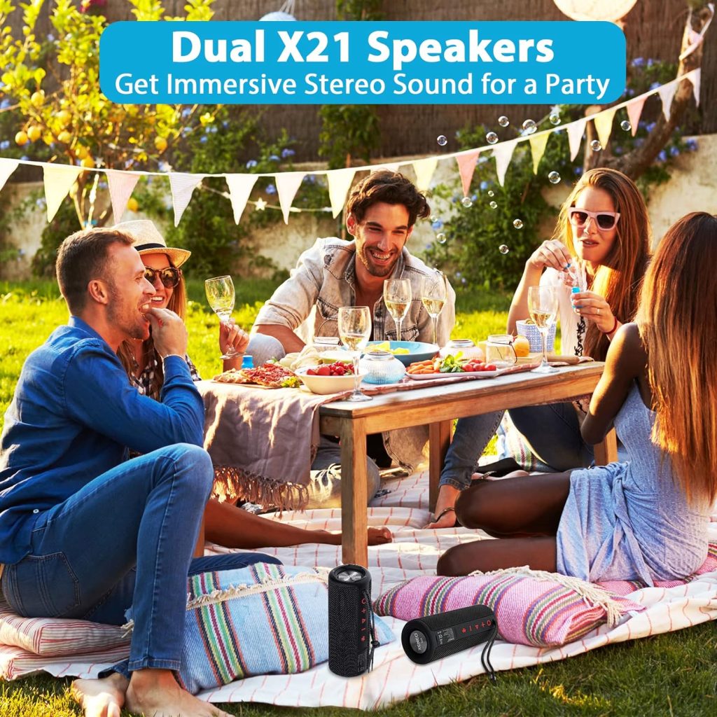 XENEO X21 Dual Portable Bluetooth Speakers Waterproof Outdoor Wireless Stereo Pairing with FM Radio, Micro SD Card, IPX6, Aux Jack 30W for Home, Office, Party and Travel (Pack 2 Black)