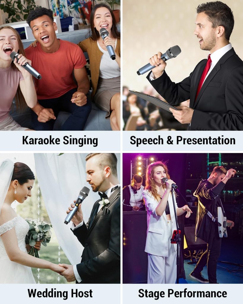 XZL Professional Wireless Microphones for Karaoke Singing, Rechargeable Dual UHF Dynamic Microphone, with 200ft UHF Receiver, Plug and Play, Speech, Wedding, Church, PA System