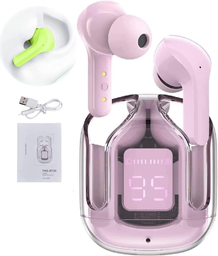 YAOIST AceFlows - Crystal Earbuds, Aceflows Earbuds, Mini Crystal in-Ear Earbuds, Bluetooth Headphones Noise Canceling Translucent Earphones, Wireless Earphones Bluetooth 5.3 LED Power Display (Pink)