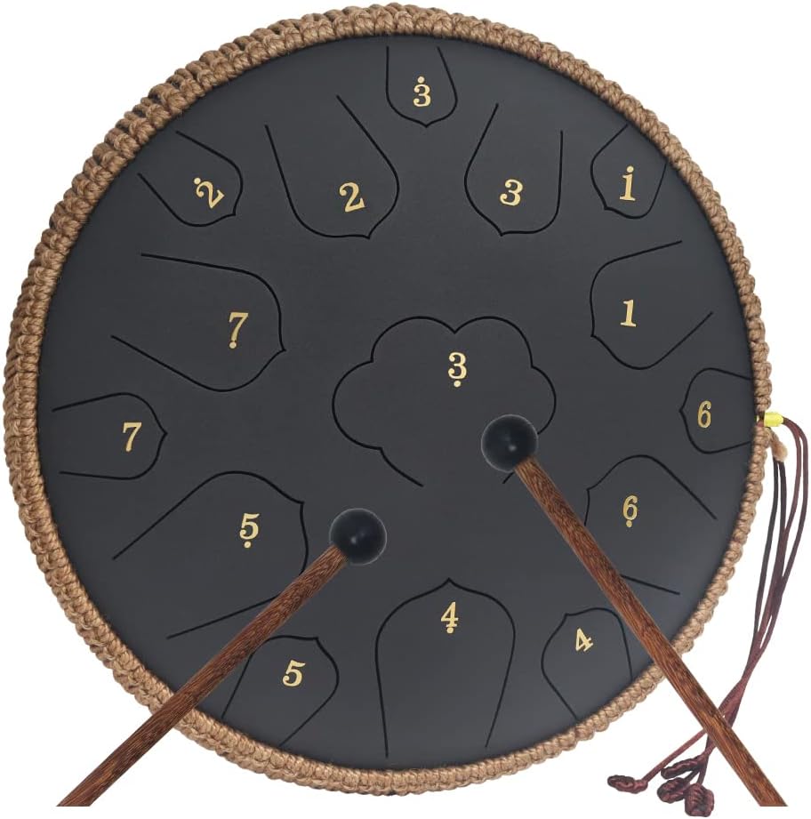 Yasisid Steel Tongue Drum 14 Inches 15 Notes Hand Pan Drum Percussion Instruments with Soft Bag, Drumsticks, Mallet Holder, Edge Strings （Black）