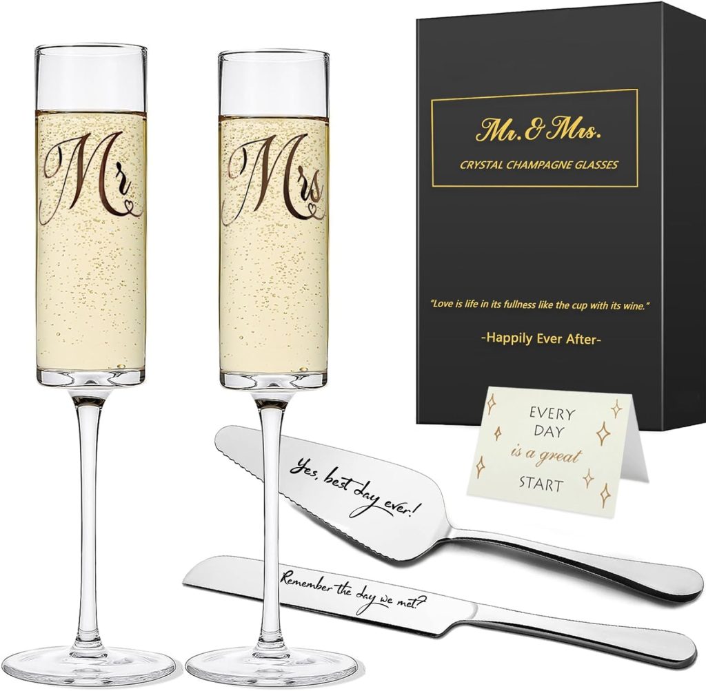 Yeegook Wedding Gifts for Bride and Groom, Mr and Mrs Champagne Flutes, Bridal Shower Gifts, Engagement Gift, Wedding Toasting Glasses with Cake Cutting Set for Wedding Anniversary Engagement
