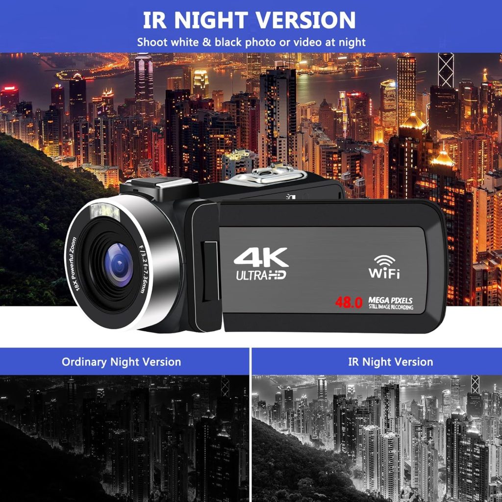 YEEIN 4K Video Camera, Camcorder with IR Night Vision, WiFi Digital Camera for Video Recording, 3 Touch Screen 18X Digital Zoom, Vlogging Camera for YouTube, Remote, Microphone, Mini Tripod