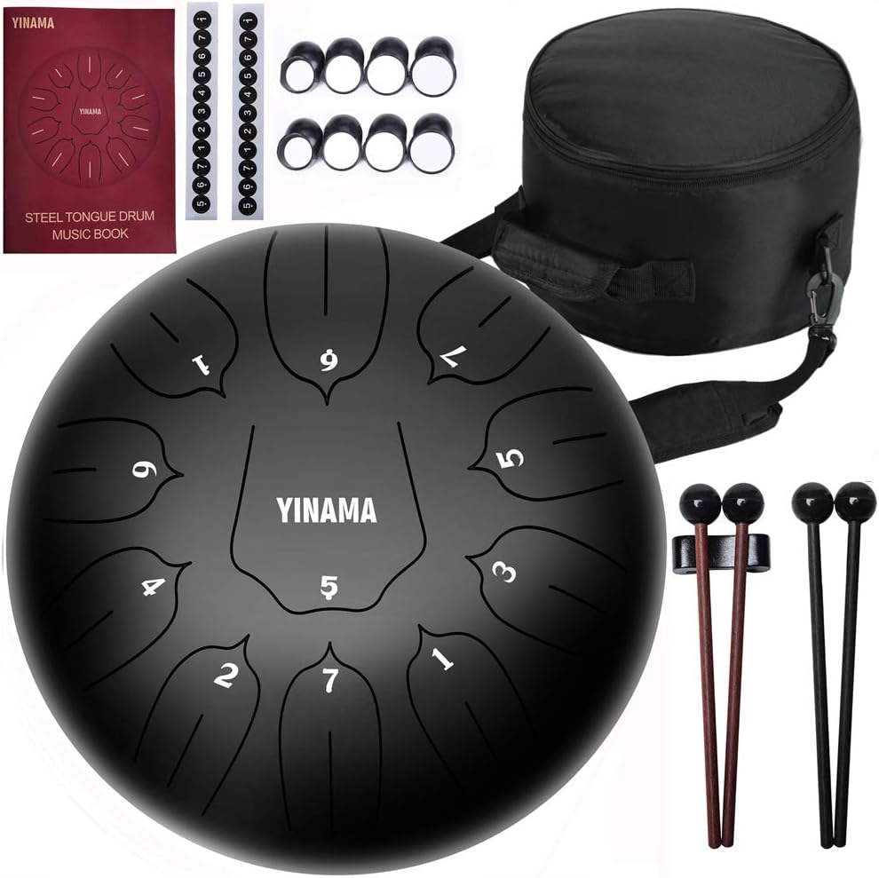 Yinama Steel Tongue Drum Percussion Instrument 11 Notes 10 inches Black