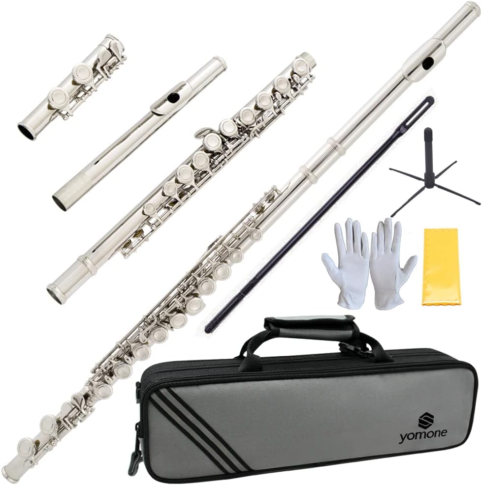 Yomone C Flutes16 closed hole flute beginners flute with flute holder suitcase cleaning kit and screwdriver (nickel)