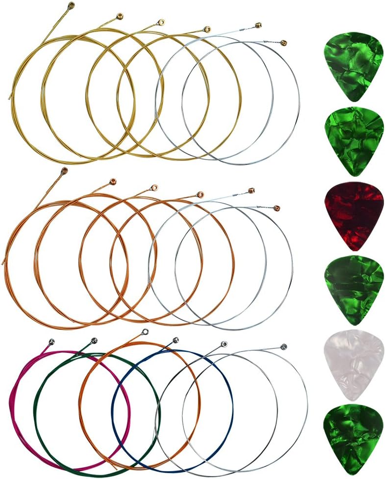 Yookat Acoustic Guitar Strings with 6 Picks, 3 Sets of 6 Acoustic Guitar Kit Guitar Strings Replacement Steel String For Beginners Performers