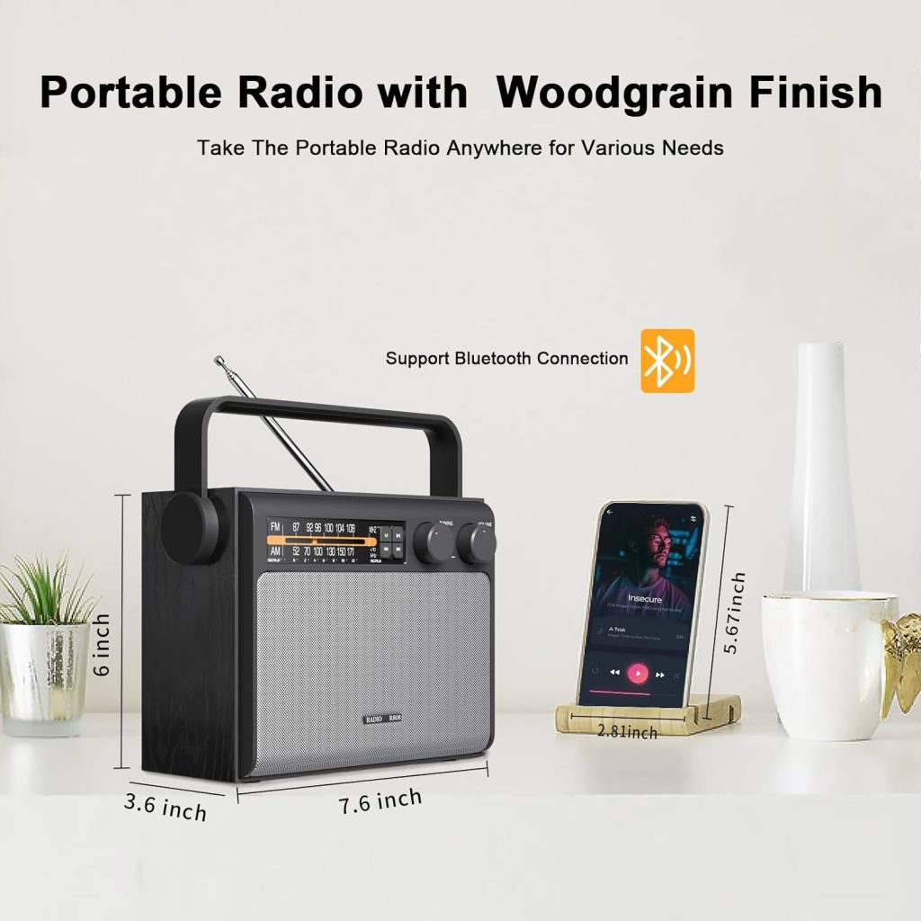 YOWGULF Portable AM FM Radio, Bluetooth Radio with Best Reception,Transistor Radio Plug in Wall or Battery Powered, Radio with Headphone Jack, USB, Aux in, Big Speaker, for Home Outdoor Gift