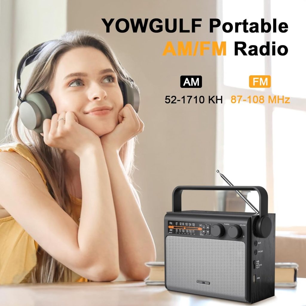 YOWGULF Portable AM FM Radio, Bluetooth Radio with Best Reception,Transistor Radio Plug in Wall or Battery Powered, Radio with Headphone Jack, USB, Aux in, Big Speaker, for Home Outdoor Gift