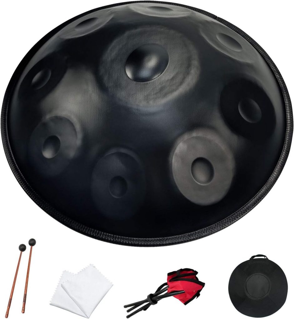 YuELinG 432Hz Handpan Steel Drum in D minor 9 notes with Soft Handpan csae, Handpan Stand, Handpan mallets and dust-free cloth (Black)