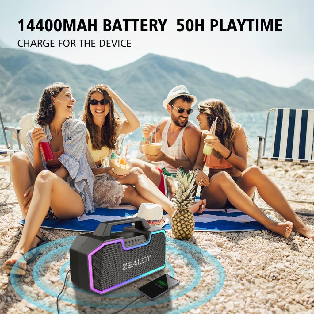 ZEALOT 80W Speakers Bluetooth Wireless with Dual Paring,IPX7 Waterproof Speaker with 14,400MAh Big Battery,50H Playtime,Stereo,Party, Beach Portable Speaker,Black