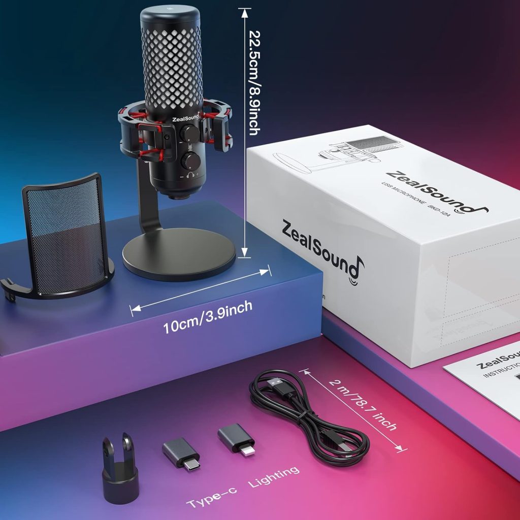 ZealSound Gaming USB Microphone for iPhone Phone PC, All Metal Microphones with Quick Mute, RGB Indicator, Pop Filter, Shock Mount, Gain Control for Computer Streaming Discord Twitch Podcasts Videos
