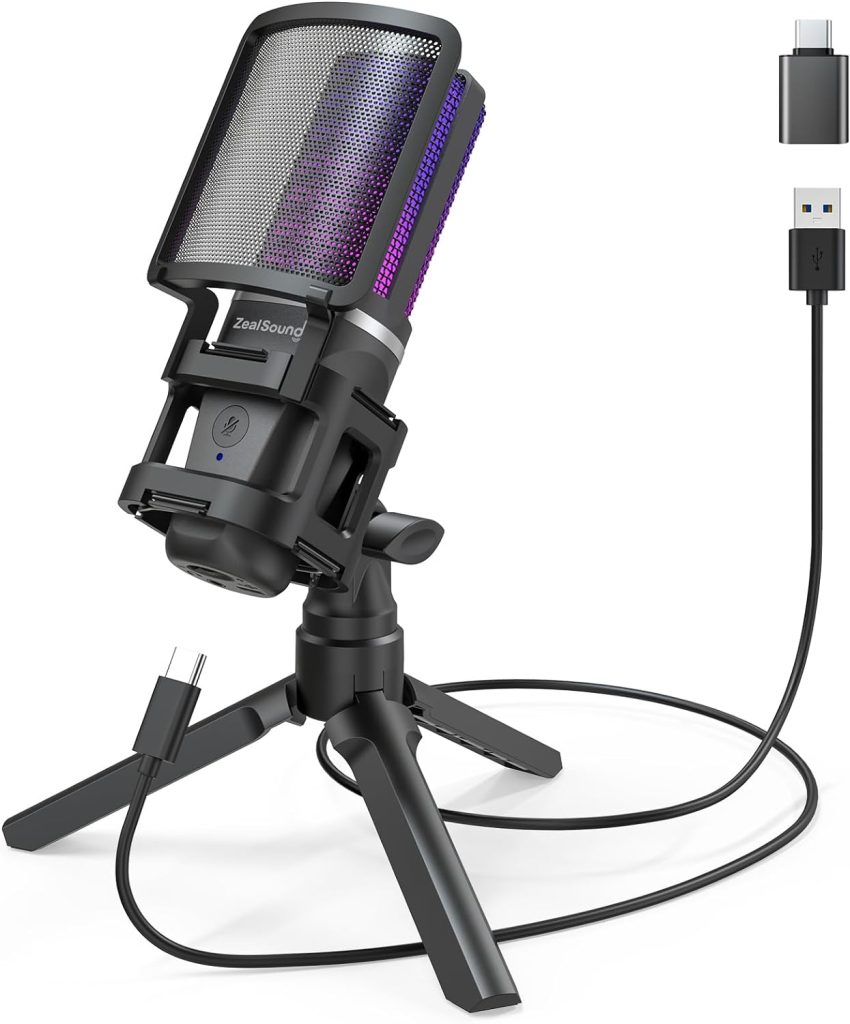 ZealSound Gaming USB Microphone for PC,RGB Condenser Computer Mic with Tripod Stand,Quick Mute,Gain Control for Gaming,Streaming,Podcasting,Recording,ASMR,Cardioid Mic Kit for Laptop/PS4/PS5/Phone