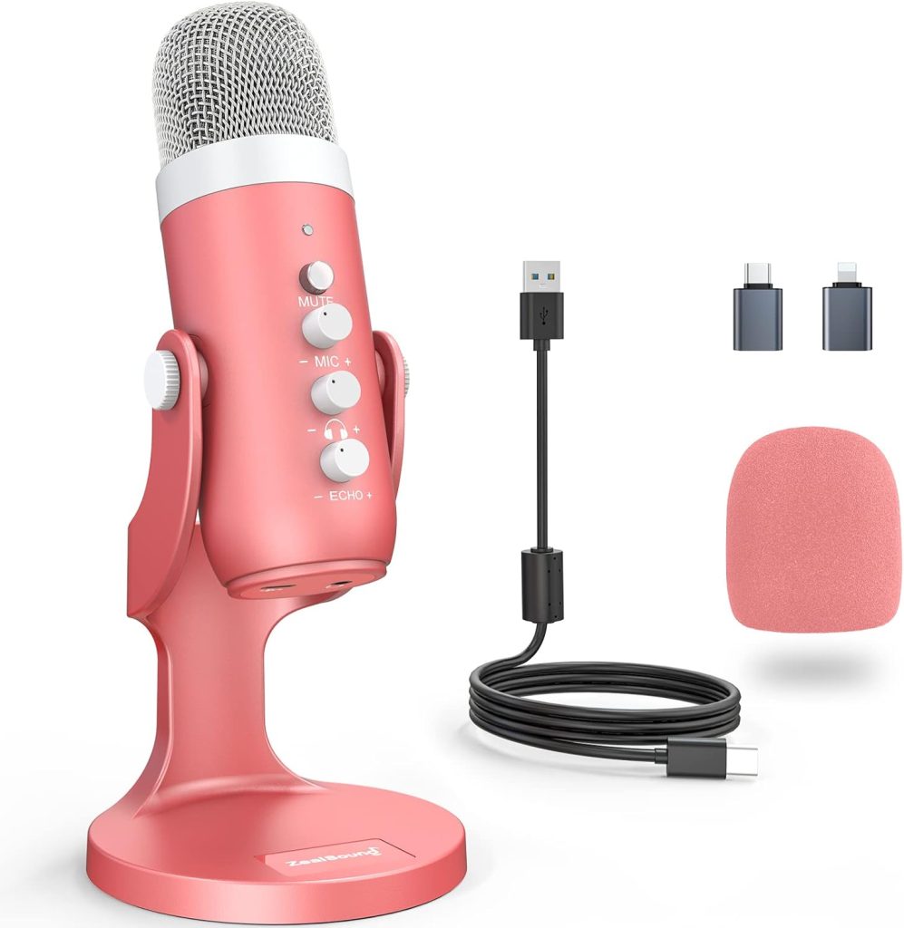 ZealSound Gaming USB Pink Microphone with Quick Mute for Phone Computer PC PS5,Studio Mic with Gain Control,EchoMonitor Volume Adjust for Streaming Vocal Recording ASMR Podcast Video K66