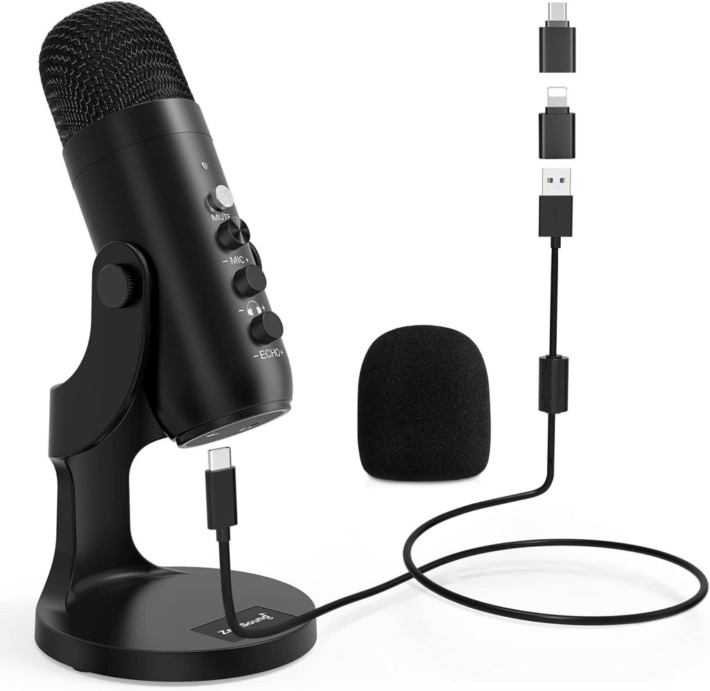 ZealSound USB Microphone,Condenser Computer PC Mic,PlugPlay Gaming Microphones for PS 45.Headphone OutputVolume Control,Mic Gain Control,Mute Button Vocal,YouTube Podcast on MacWindows(Black)
