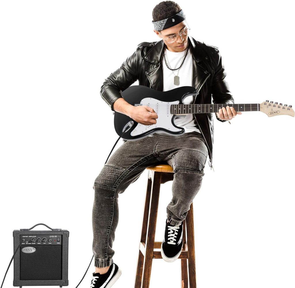 ZENY 39in Full Size Electric Guitar with 10W Amp, Case and Accessories Pack Beginner Starter Package, Black