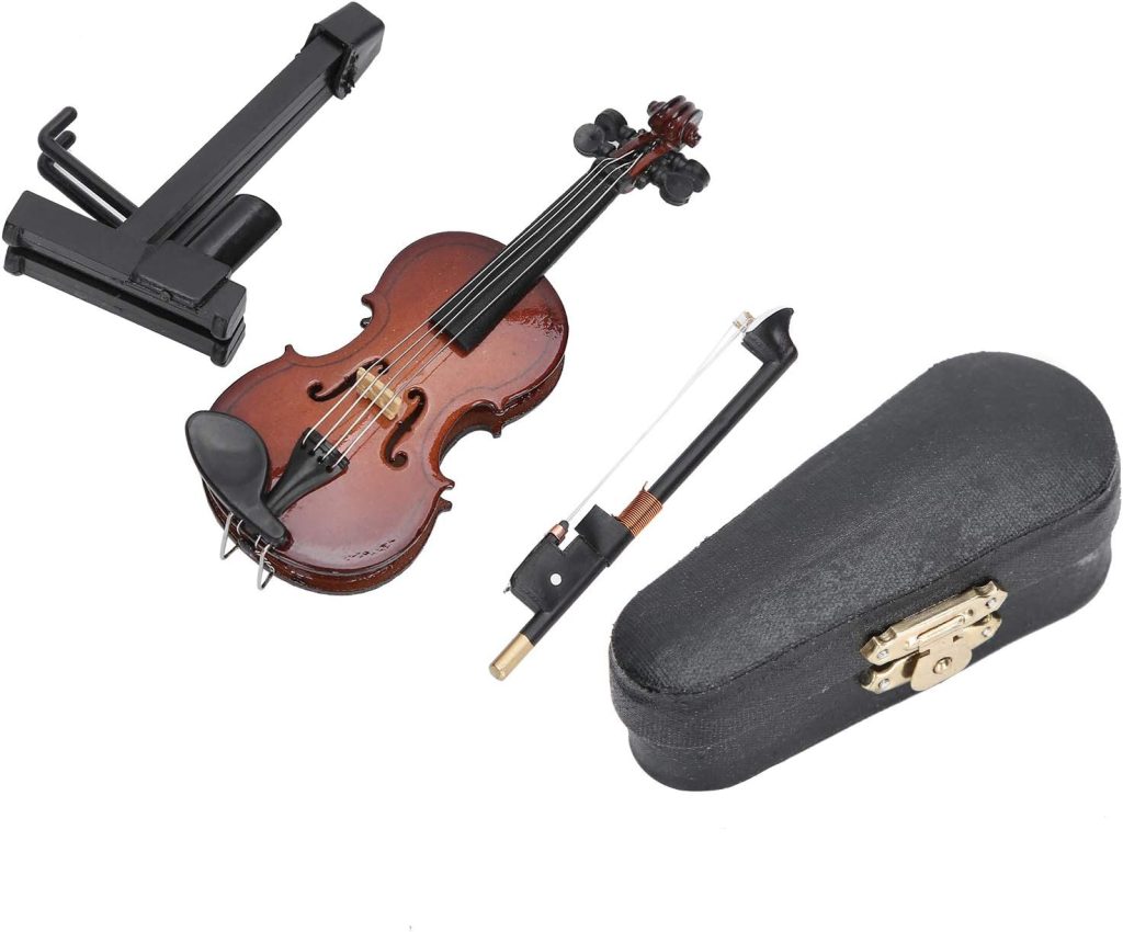 Zerodis Mini Violin Model, Miniature Musical Instrument Toy with Stand Case Craft Decorations, Mini Musical Instrument Miniature Dollhouse Model Home Decoration