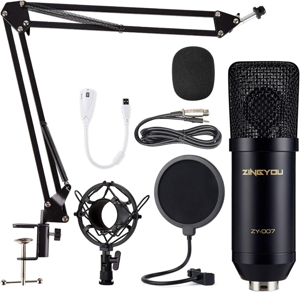 ZINGYOU Condenser Microphone Computer Mic Kit ZY-007 Professional Studio Recording Bundle for Streaming Gaming Broadcasting Singing Videos with Arm Stand Shock Mount Pop Filter and Sound Adapter
