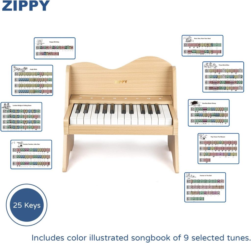 ZIPPY Kids Piano Keyboard, 25 Keys Digital Piano for Kids, Touch Sensitive Control Panel, Built-in Songs, Volume Adjustable, Mini Music Educational Instrument Toy, Wood Piano for Toddlers Girls Boys