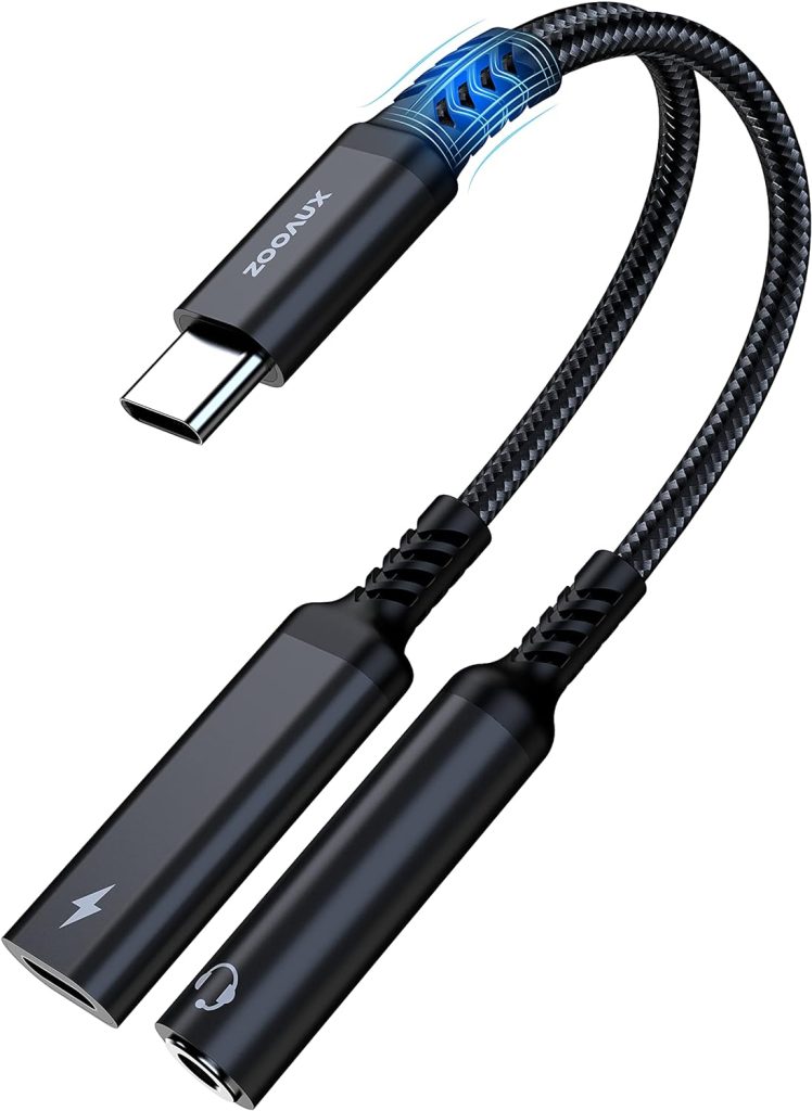 ZOOAUX USB C to 3.5mm Headphone and Charger Adapter,2 in 1 USB C to Aux Audio Jack with PD 60W Fast Charging Dongle Cable Cord for S23/S22/S21 Ultra,iPad Pro,Pixel(Black)
