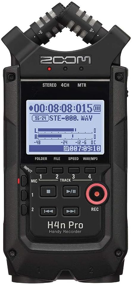 Zoom H4n Pro 4-Track Portable Recorder, All Black, Stereo Microphones, 2 XLR/ ¼“ Combo Inputs, Battery Powered, for Stereo/Multitrack Recording of Music, Audio for Video, and Podcasting