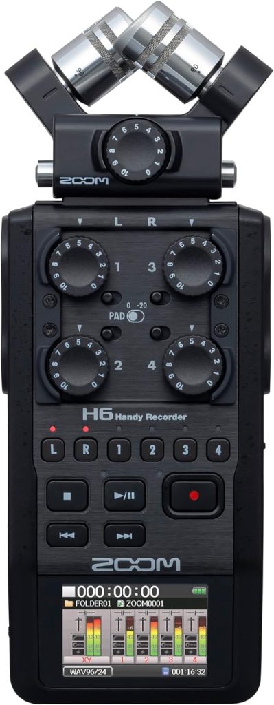 Zoom H6 All Black 6-Track Portable Recorder, Stereo Microphones, 4 XLR/TRS Inputs, Records to SD Card, USB Audio Interface, Battery Powered, Podcasting and Music