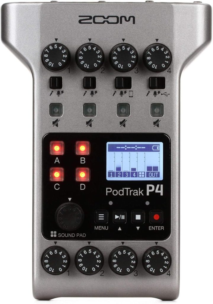 Zoom PodTrak P4 Podcast Recorder, Battery Powered, 4 Microphone Inputs, 4 Headphone Outputs, Phone and USB Input for Remote Interviews, Sound Pads, 2-In/2-Out Audio Interface