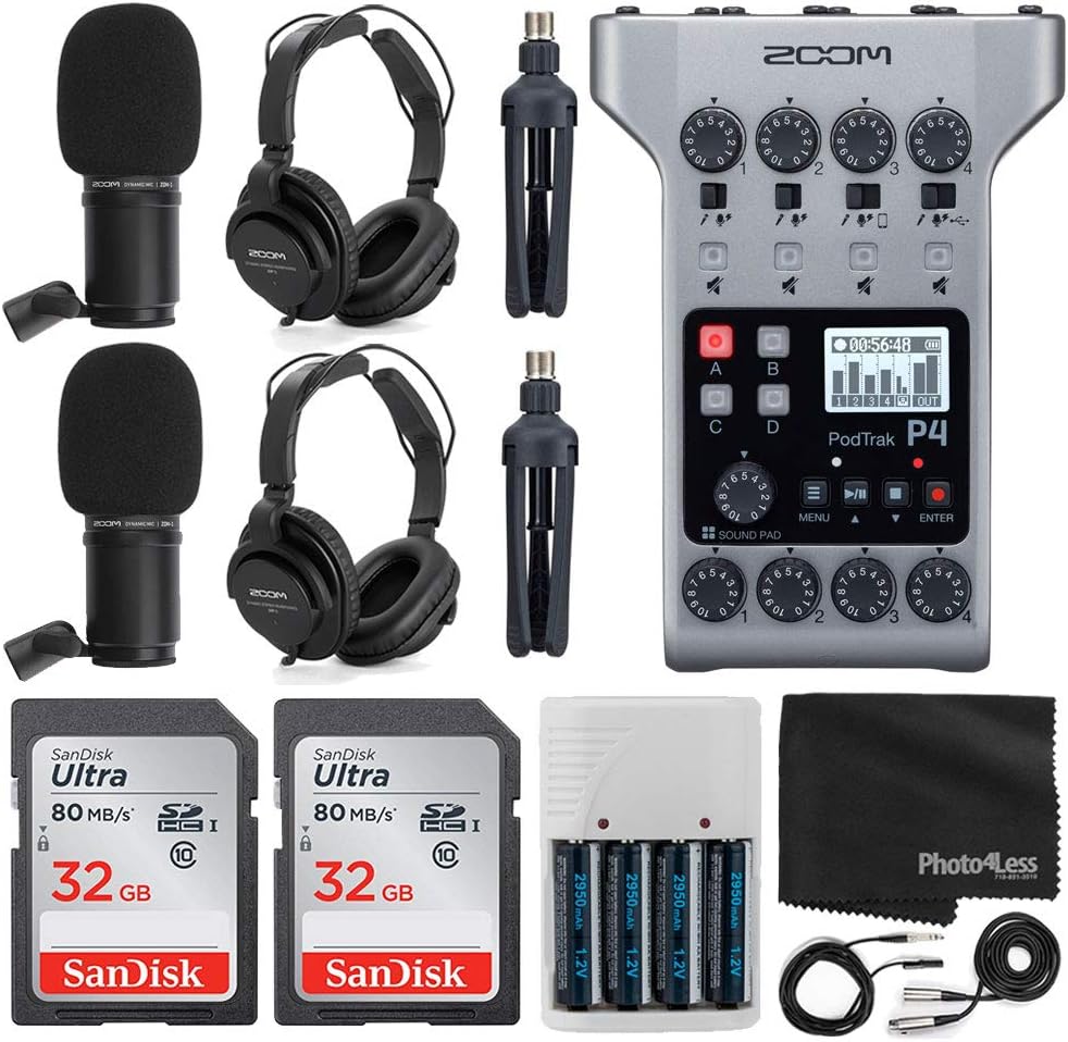 Zoom PodTrak P4 Portable Multitrack Podcast Recorder + 2x Zoom M-1 Mic + 2x Headphones + Windscreen + XLR Cable + Tabletop Stand + 2x 32GB Memory Card + 4 AA Batteries and Charger + Cloth – Top Bundle