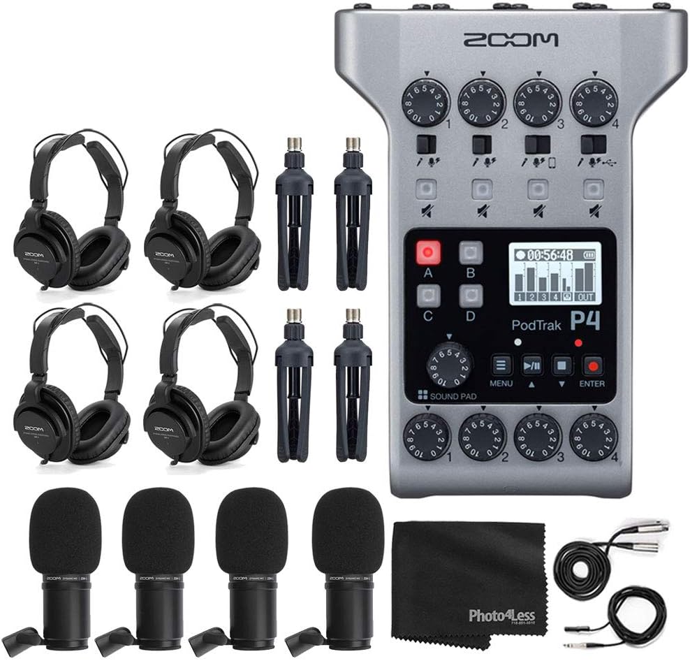 Zoom PodTrak P4 Portable Multitrack Podcast Recorder + 4x Zoom M-1 Mic + 4x Headphones + Windscreens + XLR Cables + 4x Tabletop Stand + Cloth – 4 Person Podcasting Mic Pack Bundle