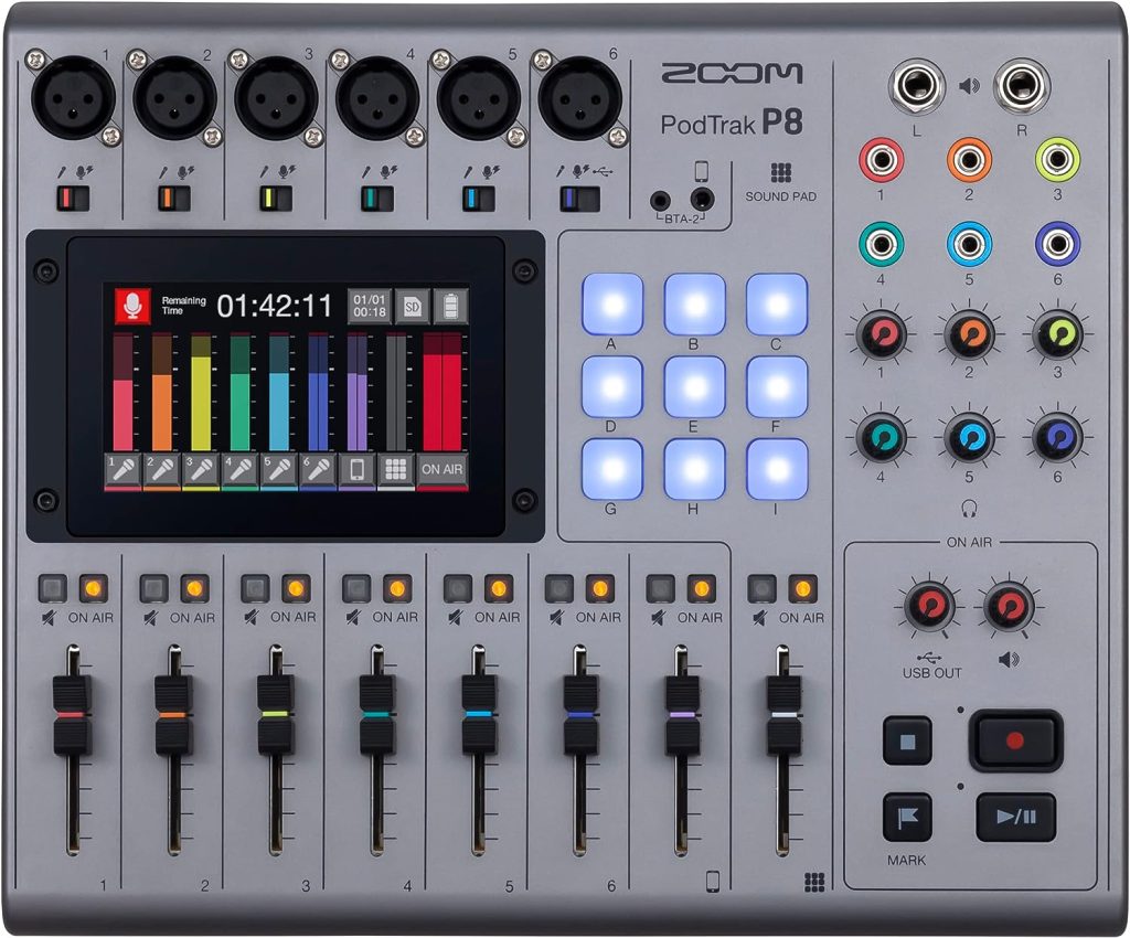 Zoom PodTrak P8 Podcast Recorder, 6 Microphone Inputs, 6 Headphone Outputs, Phone Input, Sound Pads, Onboard Editing, Record to SD card, USB Audio Interface, Battery Powered