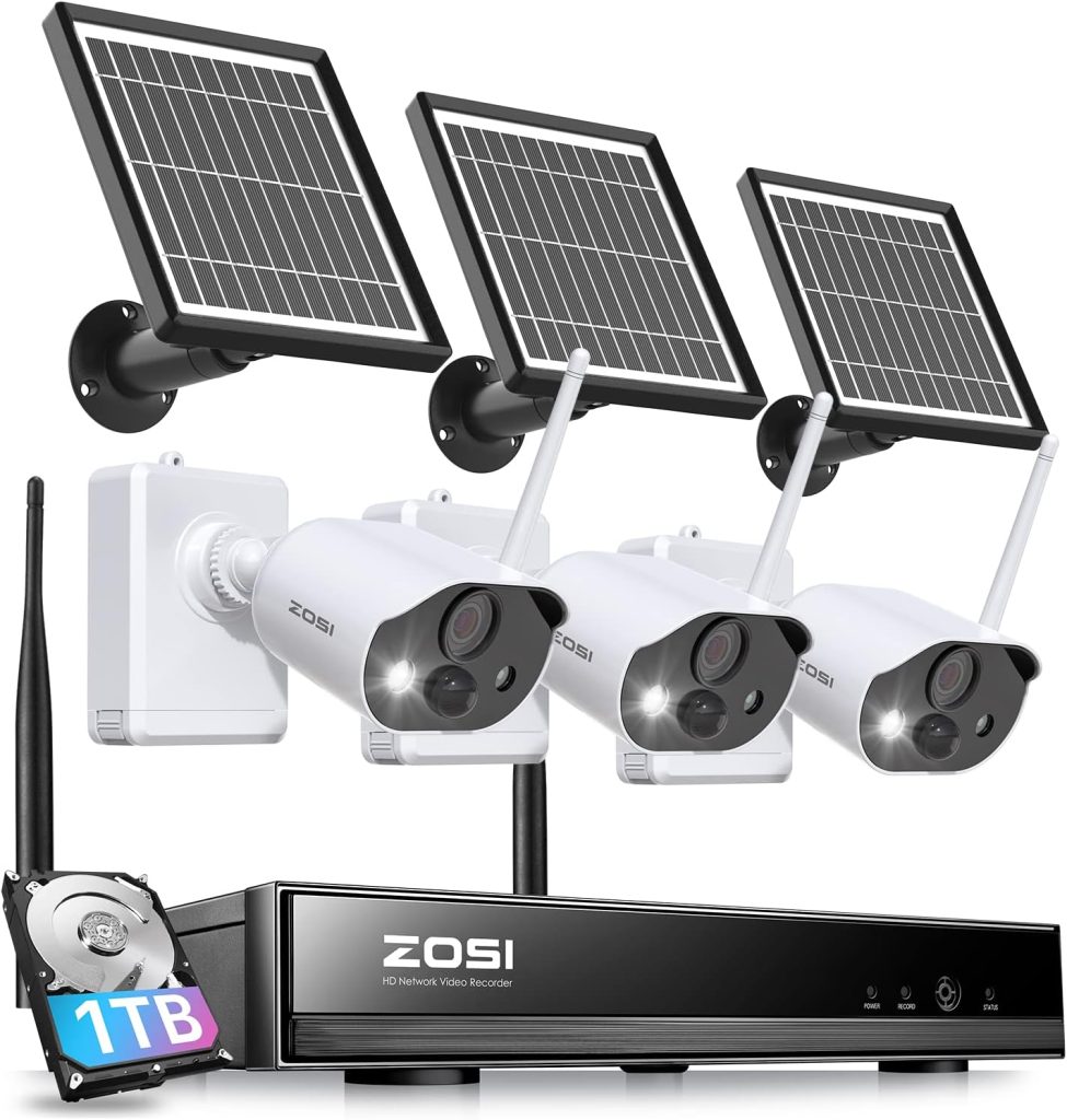 ZOSI C306PK 8CH 2K 3MP Solar Powered Wireless Security Camera System, 3 x Outdoor Battery Camera with Color Night Vision, Spotlight, 2-Way Talk, Light  Siren Alarm, 1TB HDD for 24/7 Recording