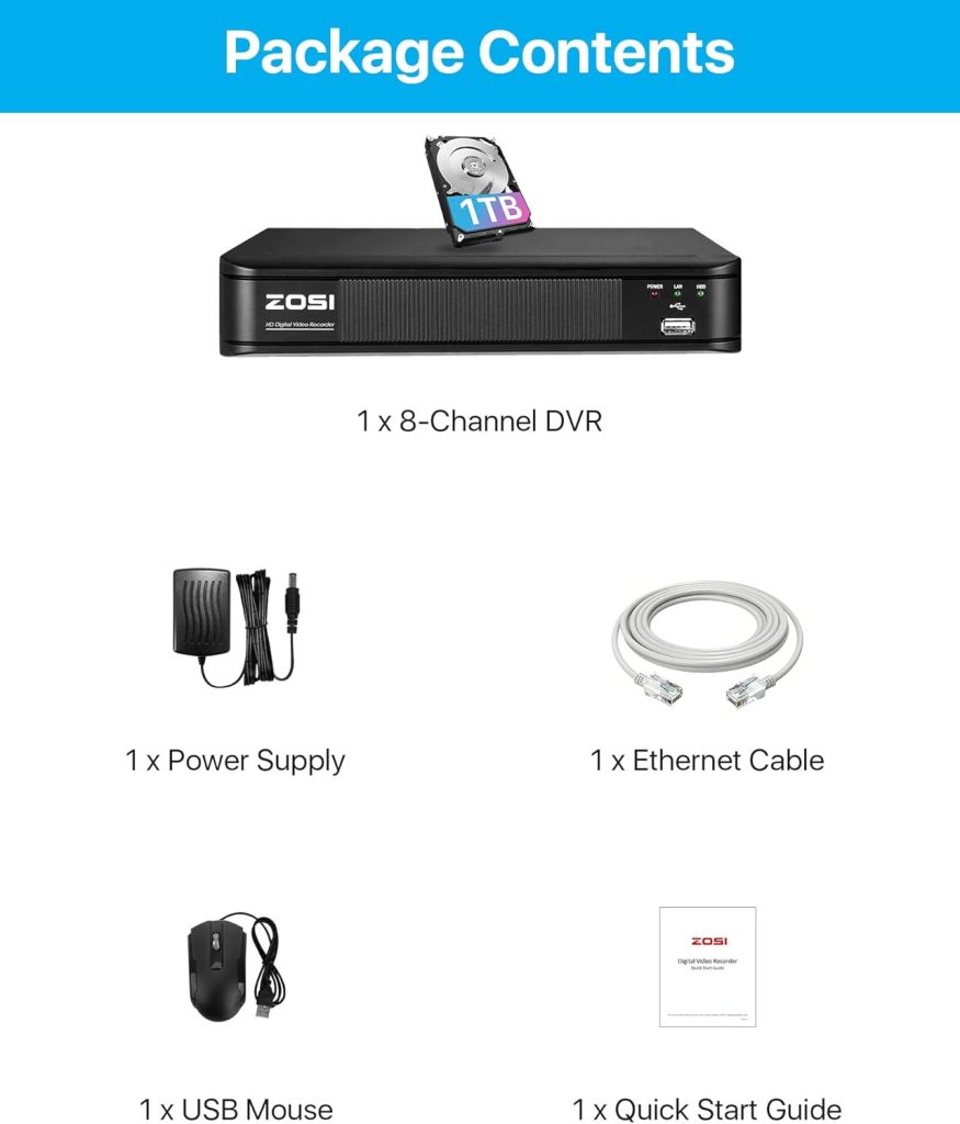 ZOSI H.265+ 5MP Lite 8 Channel CCTV DVR Recorder with Hard Drive 1TB, Remote Access, Motion Alert Push, Hybrid Capability 4-in-1(Analog/AHD/TVI/CVI) Full 1080p HD Surveillance DVR for Security Camera